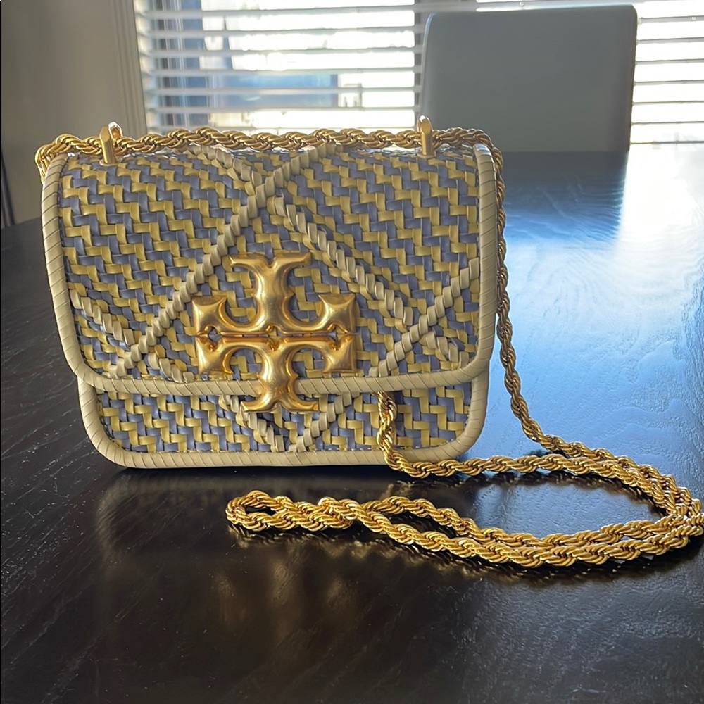 Tory Burch Purple and Tan Eleanor Crossbody Bag with Chain Strap